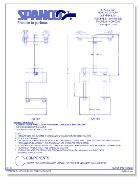 Trussed Track Drop Rod Hanger Assembly for 4" Top Tube and Hanger Bar (K-CMT-925-930)