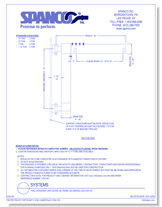 Wall-Mounted Cantilever Jib Crane (300-Series) (300-XXX-XX)