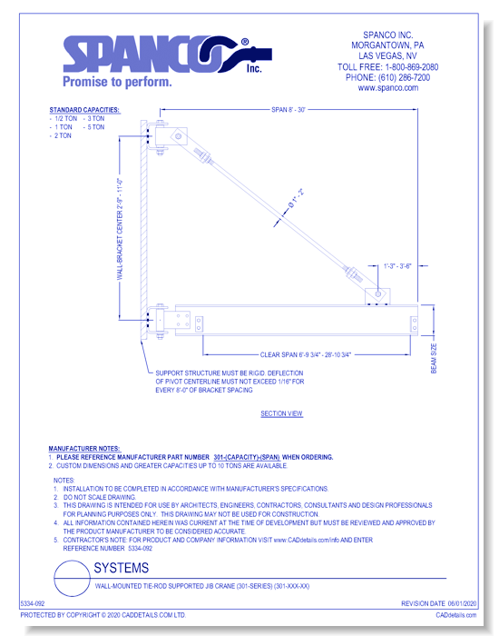 Wall-Mounted Tie-Rod Supported Jib Crane (301-Series) (301-XXX-XX)