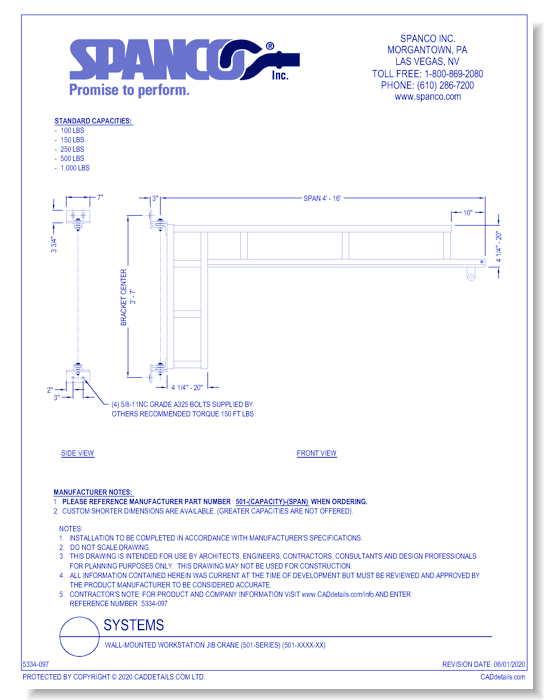 Wall-Mounted Workstation Jib Crane (501-Series) (501-XXXX-XX)