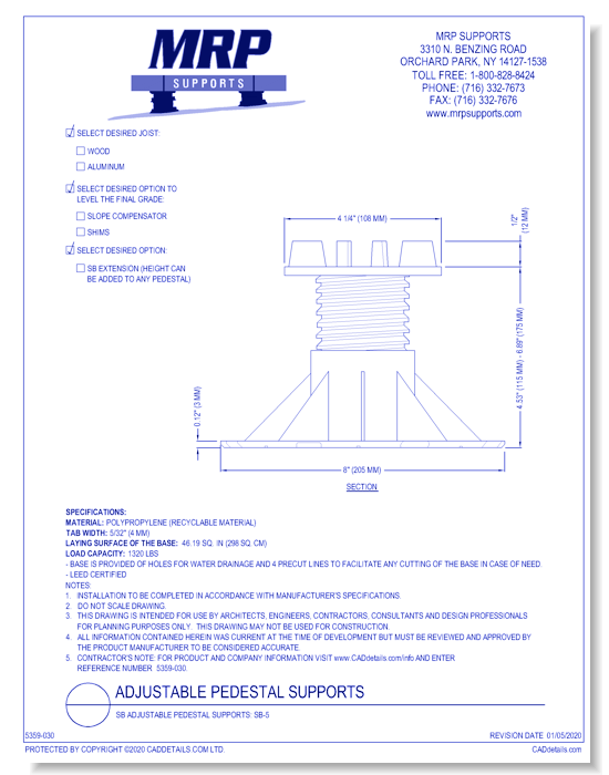 SB Adjustable Pedestal Supports: SB-5