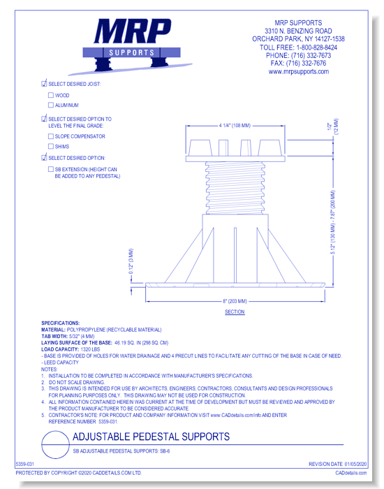 SB Adjustable Pedestal Supports: SB-6
