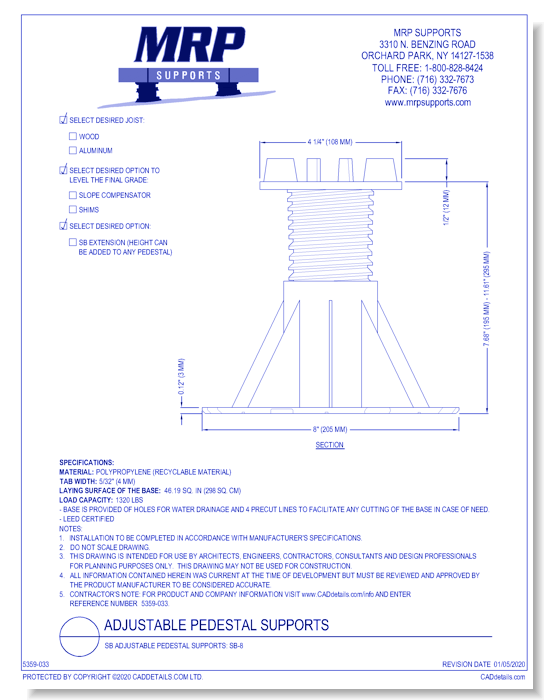 SB Adjustable Pedestal Supports: SB-8