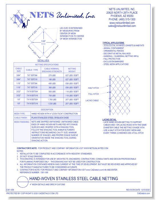 Hand-Woven 4'' Mesh Stainless Steel Cable Netting