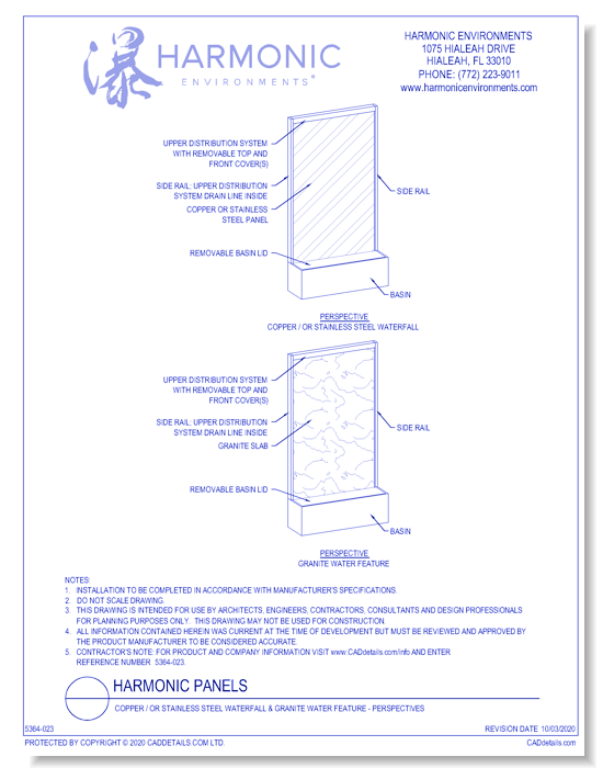 Harmonic Panels: Copper / Or Stainless Steel Waterfall & Granite Water Feature - Perspectives