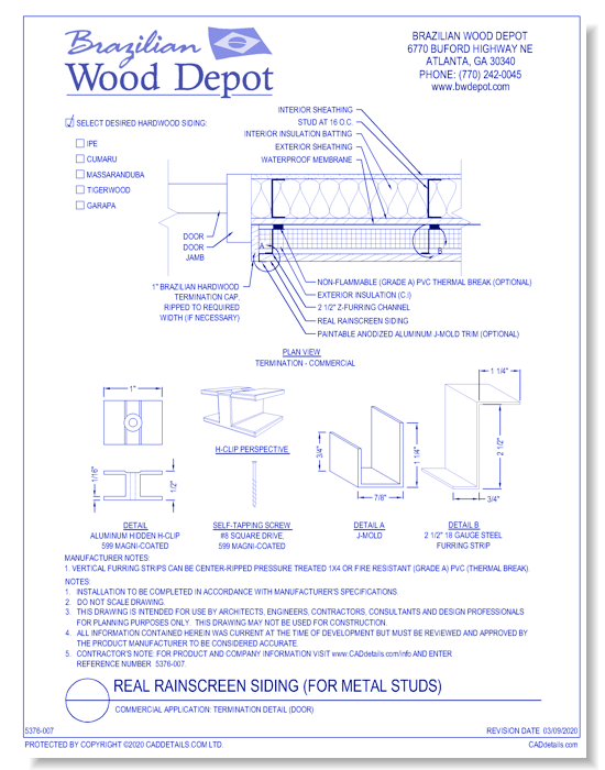 Real Rain Screen™ Siding (Metal Studs): Termination Detail (Door)