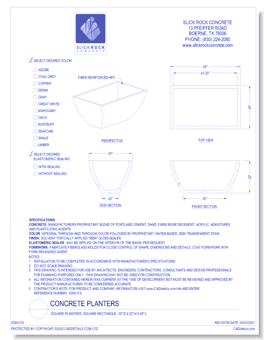 Square Planters: Square Rectangle - 30" D x 22" H x 48" L