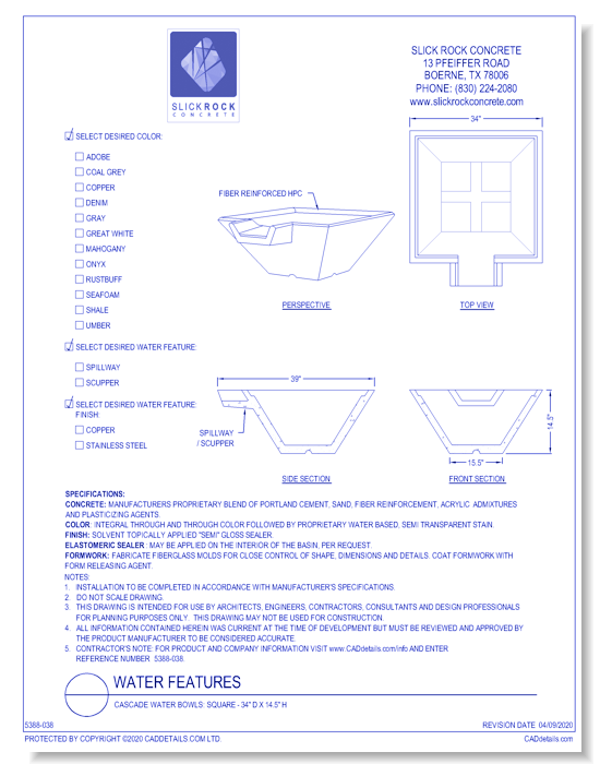 Cascade Water Bowls: Square - 34" D x 14.5" H