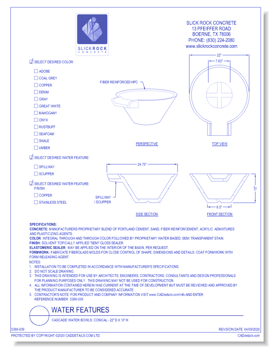 Cascade Water Bowls: Conical - 22" D x 10" H