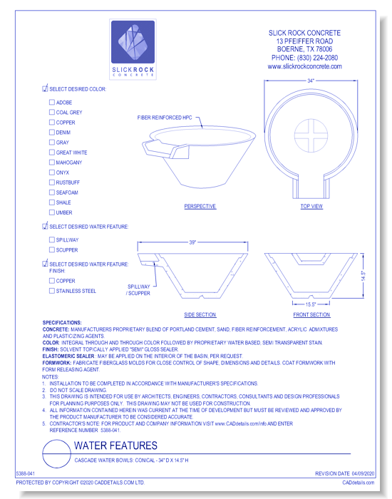 Cascade Water Bowls: Conical - 34" D x 14.5" H
