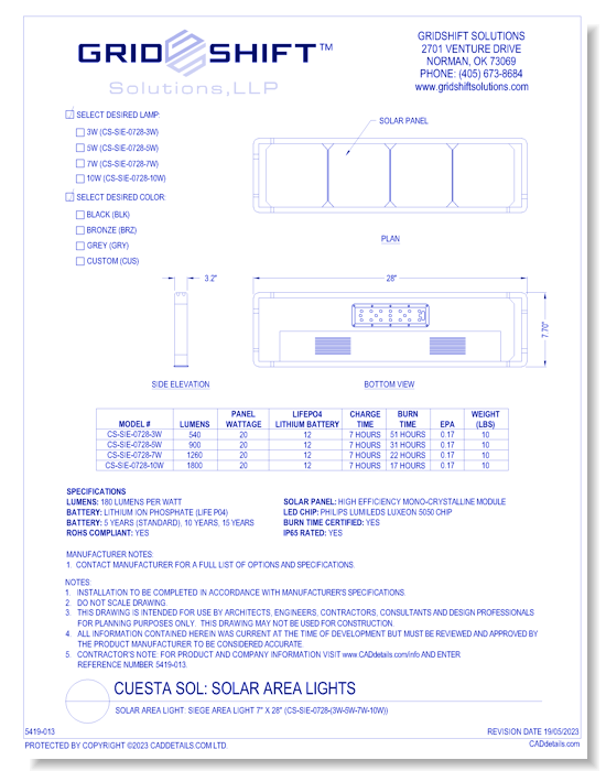 Solar Area Light: Siege Area Light 7" x 28" (CS-SIE-0728-(3W-5W-7W-10W))