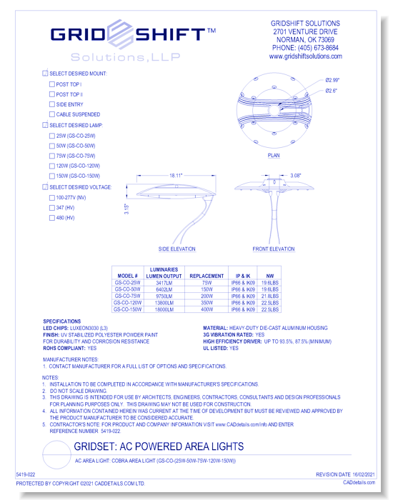 AC Area Light: Cobra Area Light (GS-CO-(25W-50W-75W-120W-150W))