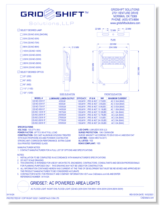 AC Flood Light: Night Owl Flood Light (GS-NO-(30W-50W-75W-96W-145W-200W-230W-260W-300W)