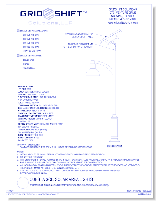 Streetlight: Mission Solar Street Light (CS-PRE-MIS-(20W-40W-60W-80W-100W))