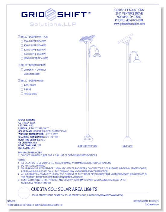 Solar Street Light: Sparrow Solar Street Light (CS-PRE-SPA-(20W-40W-60W-80W-100W)