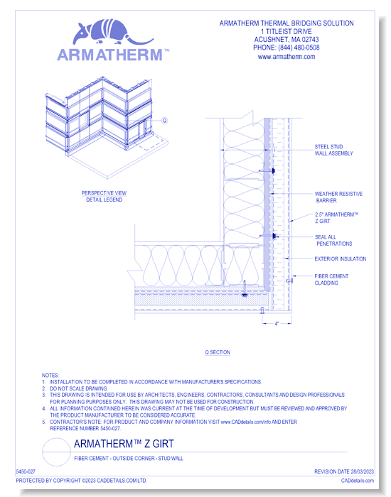 Armatherm™ Z Girt: Fiber Cement - Outside Corner - Stud Wall