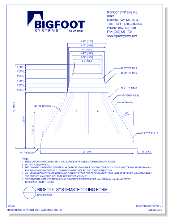 BIGFOOT SYSTEMS® Footing Form: BF20 Form