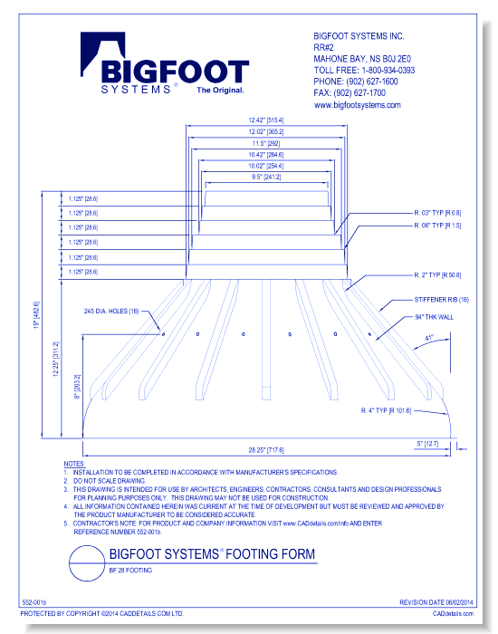 BIGFOOT SYSTEMS® Footing Form: BF28 Form