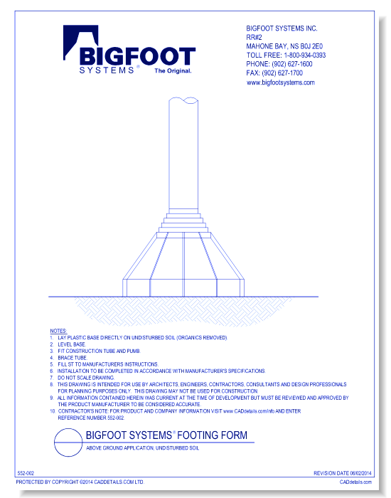 BIGFOOT SYSTEMS® Footing Form:  Above Ground Application, Undisturbed Soil