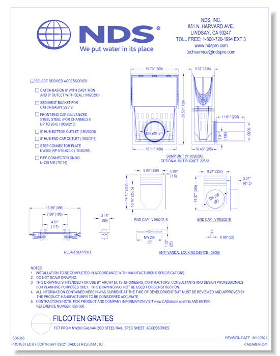 FCT Pro-V NW200 Galvanized Steel Rail, Spec Sheet, Accessories