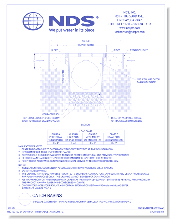 9" Square Catch Basin - Typical Installation for Vehicular Traffic Applications Load A-D