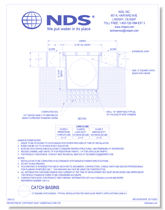 12" Square Catch Basin - Typical Installation for Vehicular Traffic Applications Load A-C