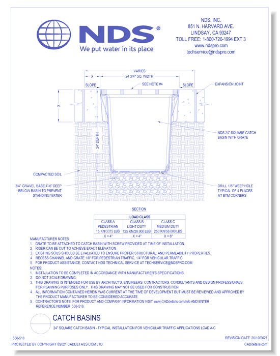 24" Square Catch Basin - Typical Installation for Vehicular Traffic Applications Load A-C