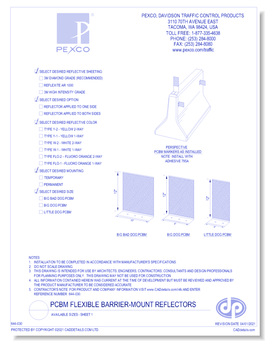 PCBM Flexible Barrier-Mount Reflectors - Available Sizes - Sheet 1