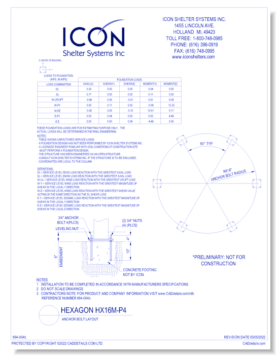 Hexagon HX16M-P4 - Anchor Bolt Layout