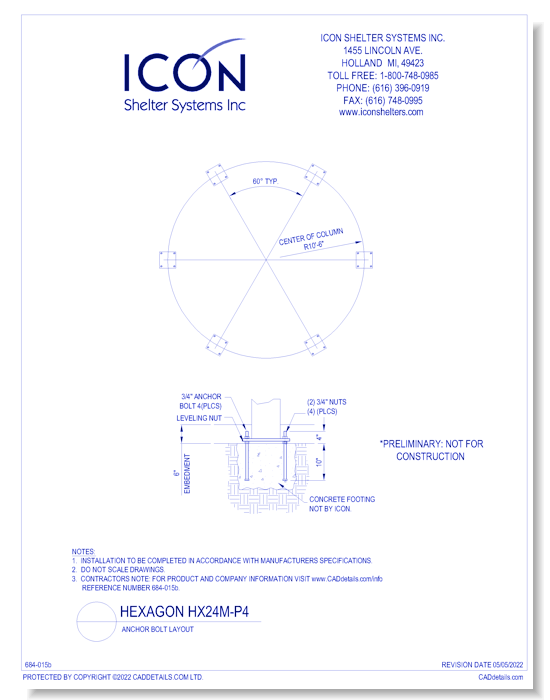 Hexagon HX24M- Full Circle-P4 - Anchor Bolt Layout