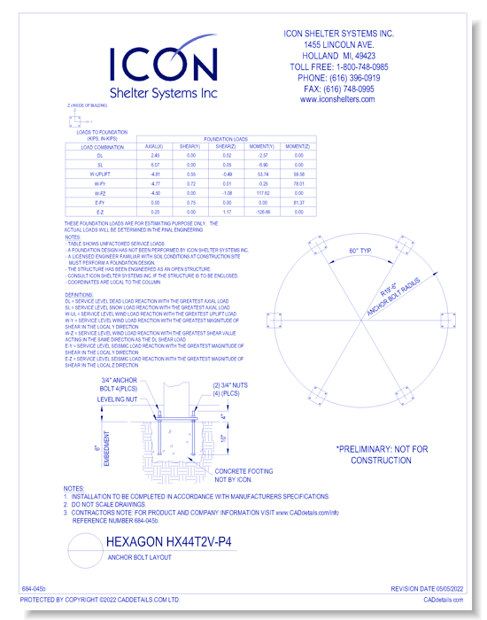 Hexagon HX44T2V-P4 - Anchor Bolt Layout
