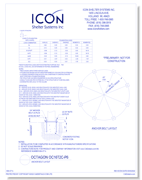 Octagon OC16M2C-P6 - Anchor Bolt Layout