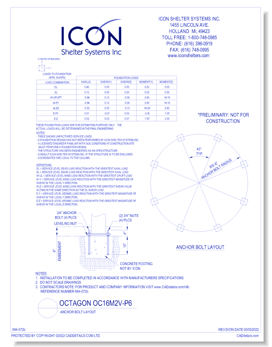 Octagon OC16M2V-P6 - Anchor Bolt Layout