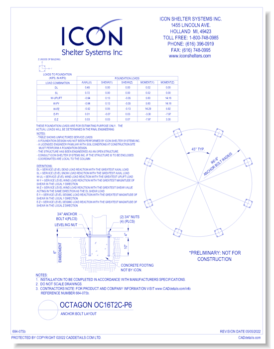 Octagon OC16T2C-P6 - Anchor Bolt Layout