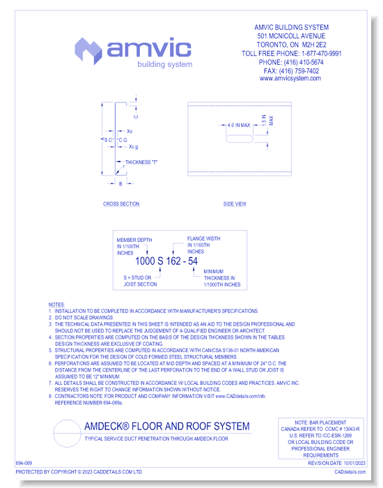 (AMD-SPC-001) Specifications for Cold Formed Steel Joists Typically Used with AmDeck - Sheet 1 of 2