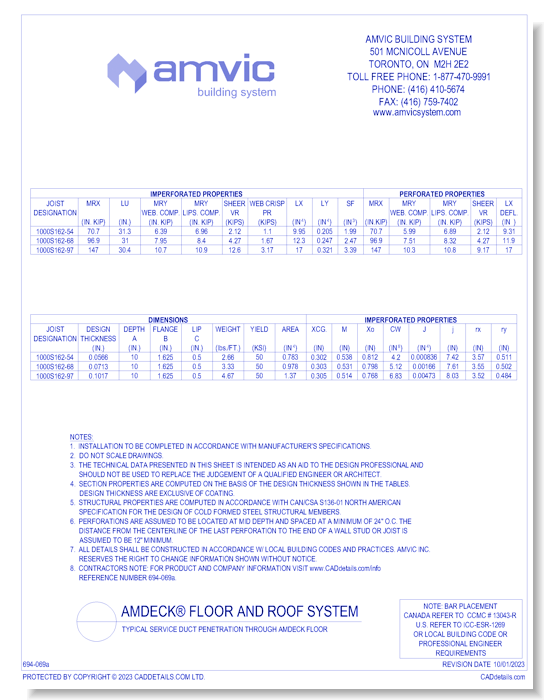 (AMD-SPC-001) Specifications for Cold Formed Steel Joists Typically Used with AmDeck - Sheet 2 of 2