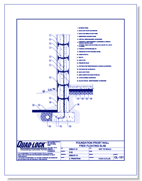 R-22 Regular ICF Walls: QL-101 Foundation Frost Wall Free Floating Slab