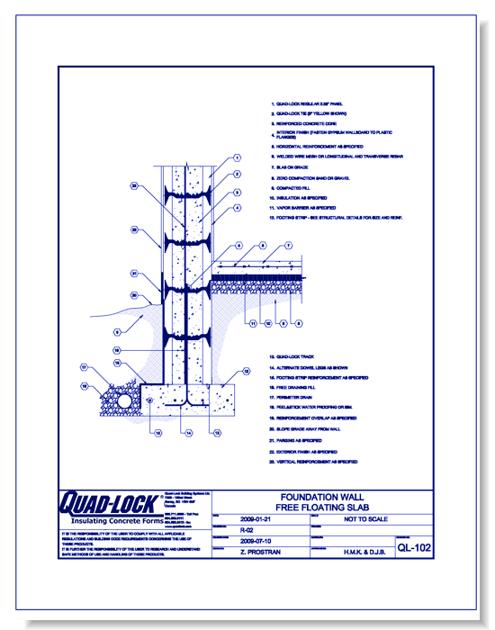 R-22 Regular ICF Walls: QL-102 Foundation Wall Free Floating Slab