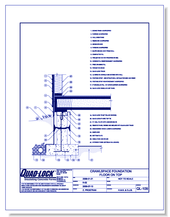 R-22 Regular ICF Walls: QL-109 Crawlspace Foundation Floor on Top