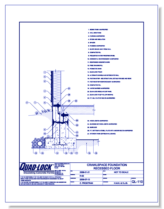 R-22 Regular ICF Walls: QL-110 Crawlspace Foundation Recessed Floor