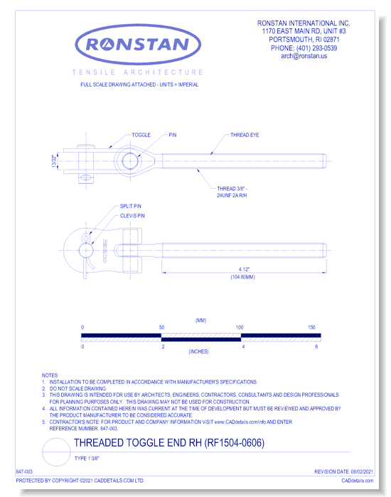 (RF1504-0606) Threaded Toggle End RH: Type 1 3/8 Inch