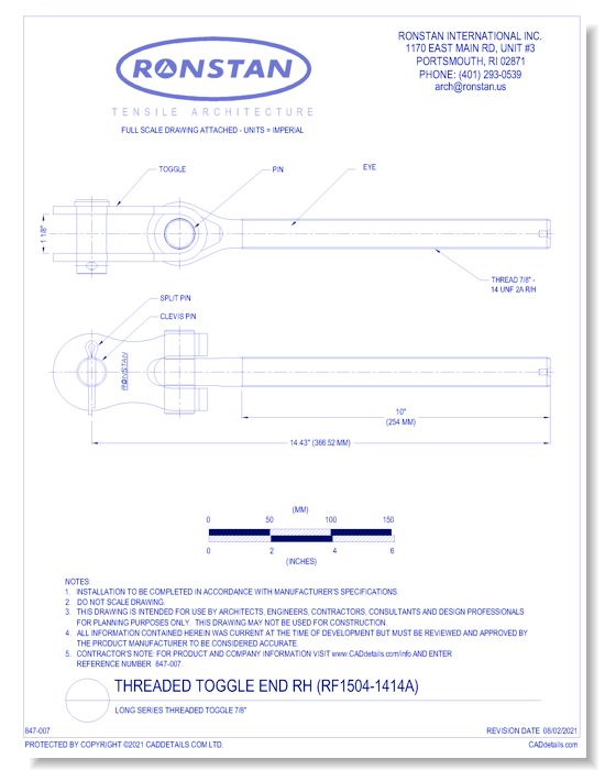 (RF1504-1414A) Threaded Toggle End RH: Long Series 7/8 Inch