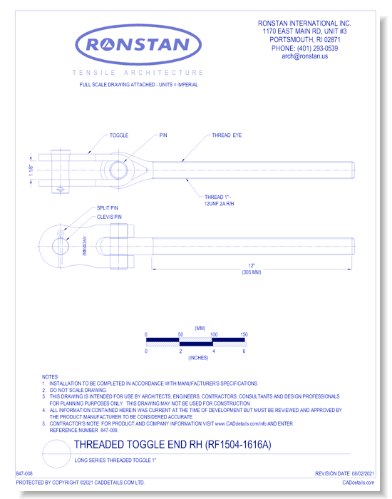 (RF1504-1616A) Threaded Toggle End RH: Long Series 1 Inch