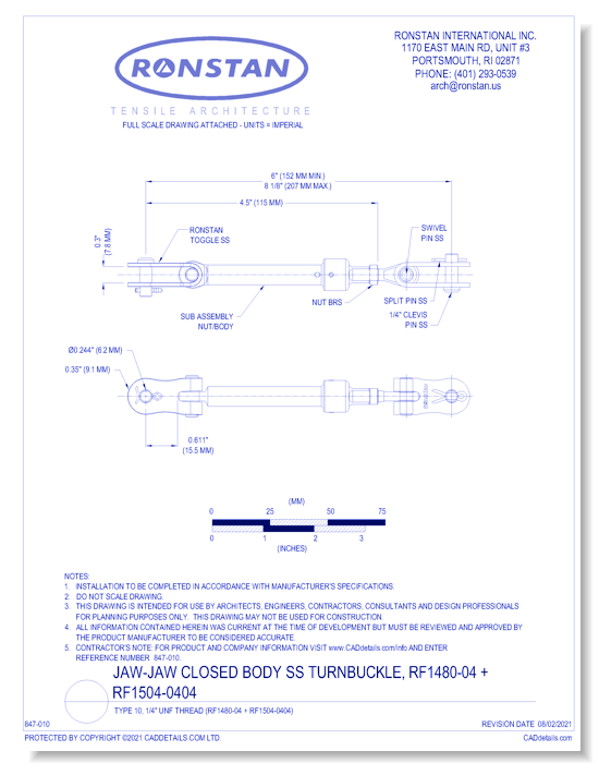 (RF1480-04 + RF1504-0404) J-1, Jaw-Jaw Closed Body SS Turnbuckle, Type 10, 1/4 Inch UNF Thread