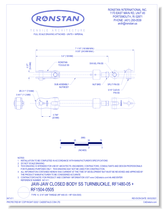 (RF1480-05 + RF1504-0505) J-2, Jaw-Jaw Closed Body SS Turnbuckle, Type 10, 5/16 Inch UNF Thread