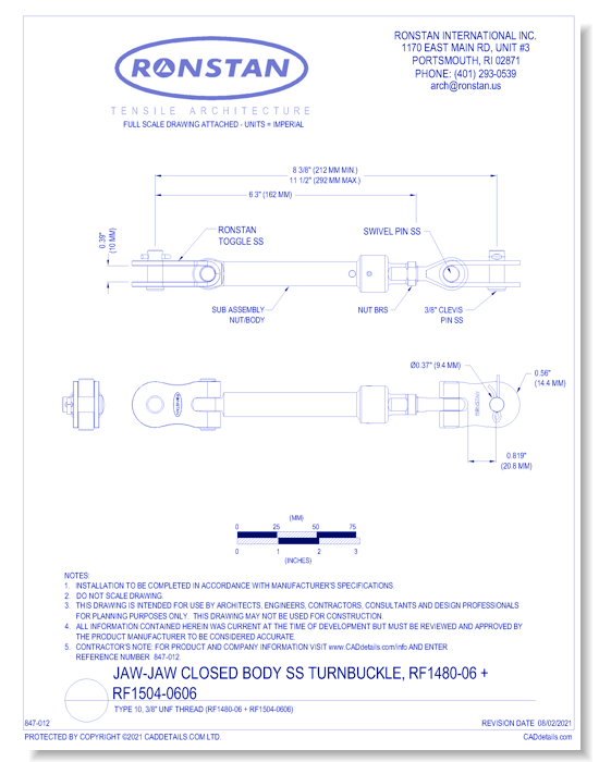 (RF1480-06 + RF1504-0606) J-3, Jaw-Jaw Closed Body SS Turnbuckle, Type 10, 3/8 Inch UNF Thread