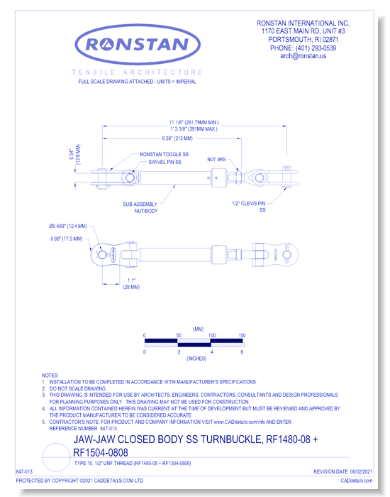 (RF1480-08 + RF1504-0808) J-4, Jaw-Jaw Closed Body SS Turnbuckle, Type 10, 1/2 Inch UNF Thread