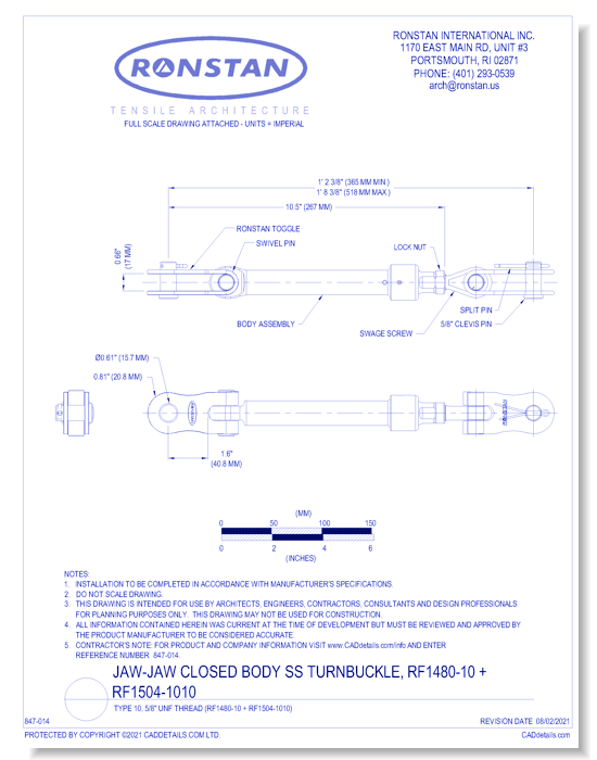 (RF1480-10 + RF1504-1010) J-5, Jaw-Jaw Closed Body SS Turnbuckle, Type 10, 5/8 Inch UNF Thread