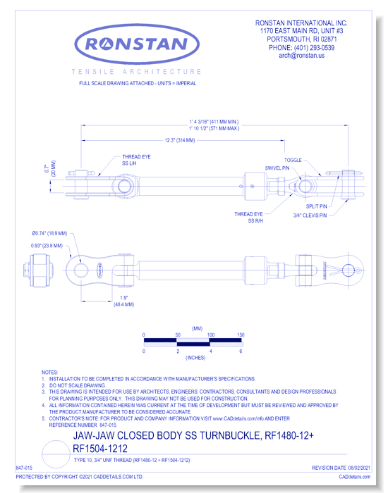 (RF1480-12 + RF1504-1212) J-6, Jaw-Jaw Closed Body SS Turnbuckle, Type 10, 3/4 Inch UNF Thread