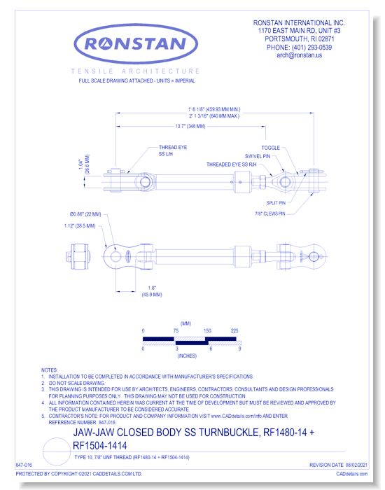 (RF1480-14 + RF 1504-1414) J-7, Jaw-Jaw Closed Body SS Turnbuckle, Type 10, 7/8 Inch UNF Thread